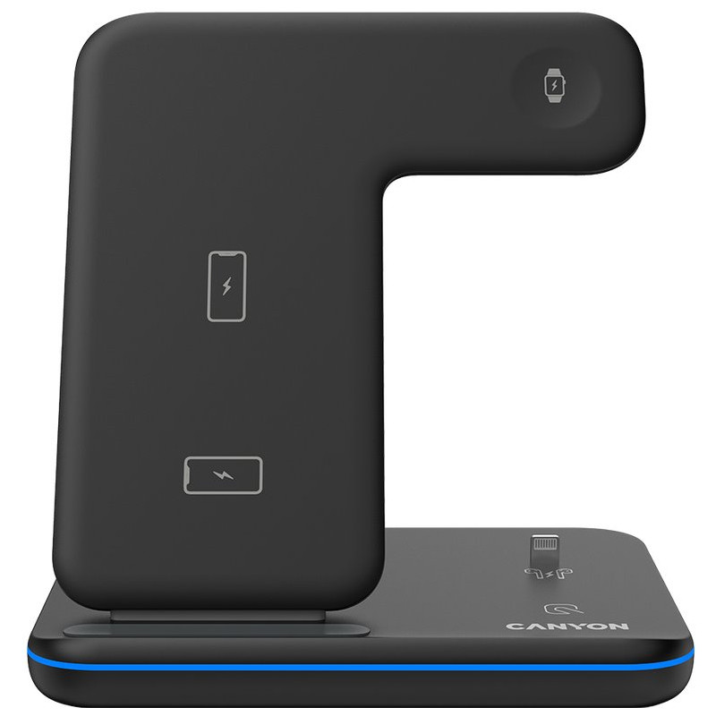 CANYON Bezdrátová nabíječka WS-302B, 3v1, vstup 9V/2A, 12V/2A, výstup 15W/10W/7.5W/5W, Type C to USB-A, černá