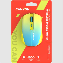 CANYON myš optická bezdrátová MW-44, LED Backlight, 800/1200/1600 dpi, 8 tl, BT+2,4GHz, bat 500mAh, žlutomodrá gradient