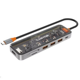 CANYON replikátor portů DS-13 7v1, 1xUSB-C PD 100W, 1xHDMI (4K), 3x USB 3.0, SD/micro čtečka, průhledný