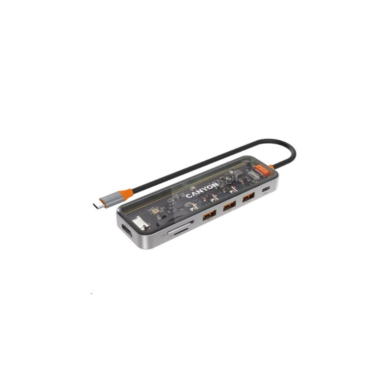 CANYON replikátor portů DS-13 7v1, 1xUSB-C PD 100W, 1xHDMI (4K), 3x USB 3.0, SD/micro čtečka, průhledný