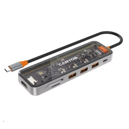 CANYON replikátor portů DS-13 7v1, 1xUSB-C PD 100W, 1xHDMI (4K), 3x USB 3.0, SD/micro čtečka, průhledný