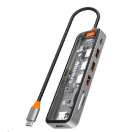 CANYON replikátor portů DS-13 7v1, 1xUSB-C PD 100W, 1xHDMI (4K), 3x USB 3.0, SD/micro čtečka, průhledný