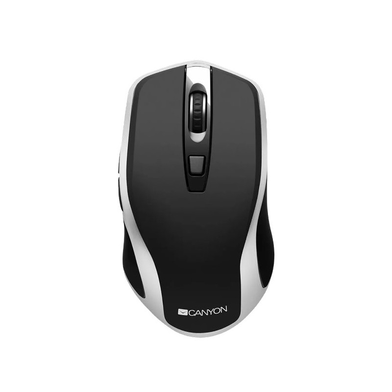 CANYON optická silent myš s bezdrátovým nabíjením, senzor Pixart, rozlišení 800/1200/1600DPI, 6 tlačítek, černo-stříbrná