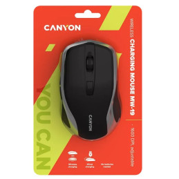 CANYON optická silent myš s bezdrátovým nabíjením, senzor Pixart, rozlišení 800/1200/1600DPI, 6 tlačítek, černo-stříbrná