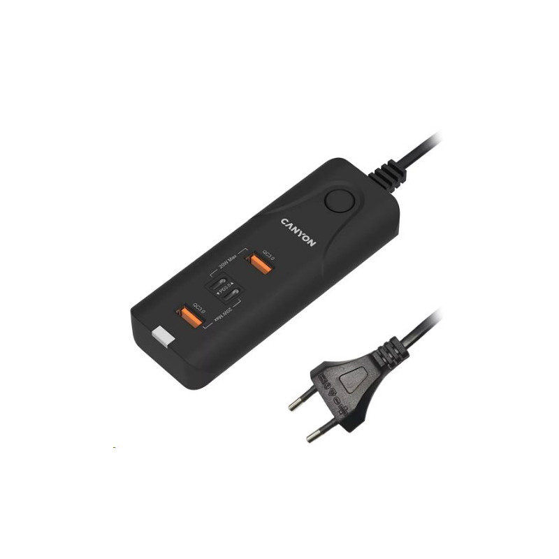 CANYON nabíječka H-10 do sítě 2xUSB-C (PD 20W) + 2x USB-A (QC 3.0 18W), ochrana, 100V-240V, výstup až 40W, 1m, černá