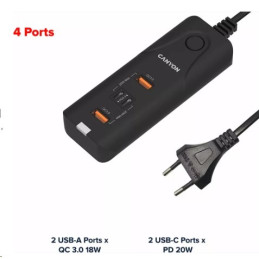 CANYON nabíječka H-10 do sítě 2xUSB-C (PD 20W) + 2x USB-A (QC 3.0 18W), ochrana, 100V-240V, výstup až 40W, 1m, černá