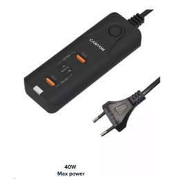 CANYON nabíječka H-10 do sítě 2xUSB-C (PD 20W) + 2x USB-A (QC 3.0 18W), ochrana, 100V-240V, výstup až 40W, 1m, černá