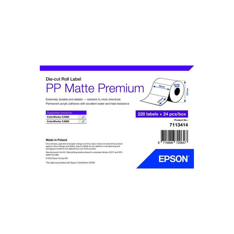 Epson PP Matte Label Premium, Die-cut Roll, 76mm x 127mm, 220 Labels