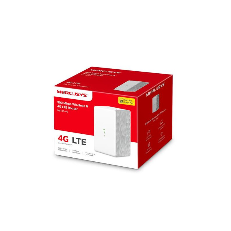 N300 Wi-Fi 4G LTE Router, Build-In 150Mbps 4G LTE Modem SPEED: 300 Mbps at 2.4 GHz, 4G Cat4 150/50 Mbps SPEC: Internal A