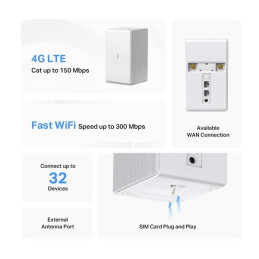 N300 Wi-Fi 4G LTE Router, Build-In 150Mbps 4G LTE Modem SPEED: 300 Mbps at 2.4 GHz, 4G Cat4 150/50 Mbps SPEC: Internal A