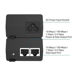 Omada 2.5G PoE+ Injector Adapter PORT: 1× 2.5G PoE Port, 1× 2.5G Non-PoE Port SPEC: 802.3at/af Compliant, Data and Power