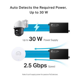 Omada 2.5G PoE+ Injector Adapter PORT: 1× 2.5G PoE Port, 1× 2.5G Non-PoE Port SPEC: 802.3at/af Compliant, Data and Power