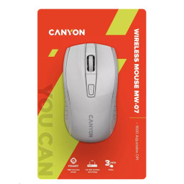 CANYON myš optická bezdrátová MW-7, nastavitelné rozlišení 800/1200/1600 dpi, 4 tl, USB dongle, 1xAA, bílá