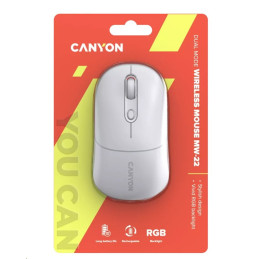 CANYON myš optická bezdrátová MW-22, RGB, 800/1200/1600 dpi, 4 tl, BT+2,4GHz, baterie 650mAh, snow white