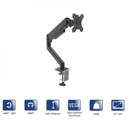 Akyga Jednoduché rameno monitoru s plynovou pružinou AK-MB-05 Stolní držák VESA 75x75mm / 100x100mm 15-32“
