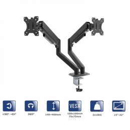 Akyga Dvojité rameno monitoru s plynovou pružinou AK-MB-06 Dvojitý stolní držák VESA 75x75 mm / 100x100 mm 15-32“