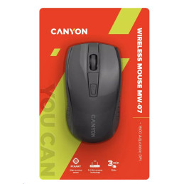 CANYON myš optická bezdrátová MW-7, nastavitelné rozlišení 800/1200/1600 dpi, 4 tl, USB dongle, 1xAA, černá
