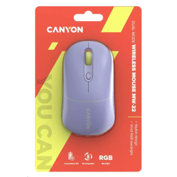 CANYON myš optická bezdrátová MW-22, RGB, 800/1200/1600 dpi, 4 tl, BT+2,4GHz, baterie 650mAh, mountain lavender