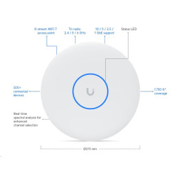 Ubiquiti U7-Pro-XGS, Ceiling-mounted 8-stream WiFi 7 AP with dedicated spectral scanning radio and 10/5/2.5/1 GbE, bílý