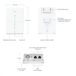 Ubiquiti UISP Dual-Power Injector delivers up to 100W to power any two Wave models and provides 2.5 GbE connectivity