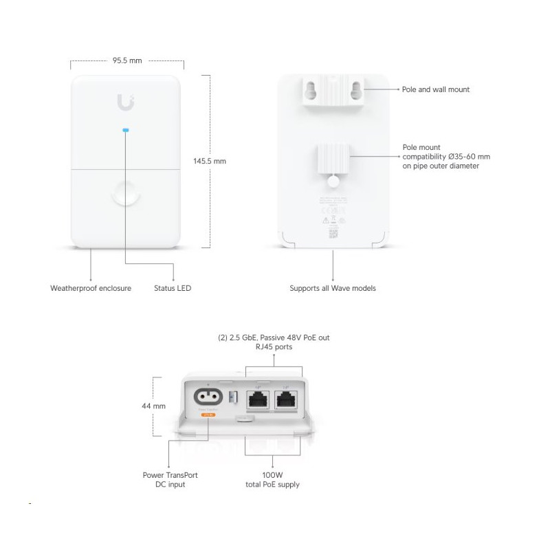 Ubiquiti UISP Dual-Power Injector delivers up to 100W to power any two Wave models and provides 2.5 GbE connectivity
