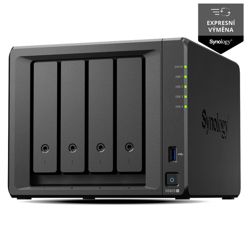 Synology DiskStation DS925+, 4-bay NAS, CPU DC AMD Ryzen V1500B 64bit, RAM 4GB, 2x USB 3.2, 1x USB-C, 2x 2.5G LAN
