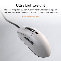 COUGAR herní myš drátová MINOS NEO WHITE, 6 tl., čip PixArt 3327, 6000dpi, 220 IPS, 63g, USB-A, Ultraflex kabel 1.8m
