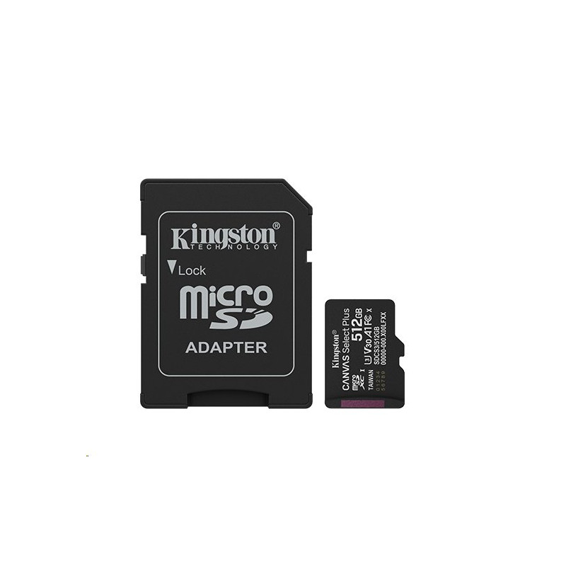 Kingston paměťová karta 512GB Canvas Select Plus Gen 3 microSDXC 150R A1 C10 Card + ADP