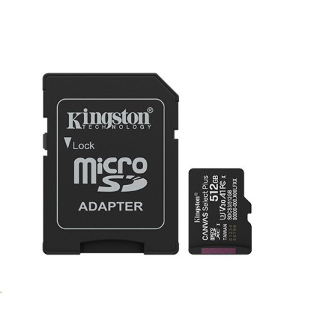 Kingston paměťová karta 512GB Canvas Select Plus Gen 3 microSDXC 150R A1 C10 Card + ADP