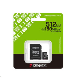 Kingston paměťová karta 512GB Canvas Select Plus Gen 3 microSDXC 150R A1 C10 Card + ADP