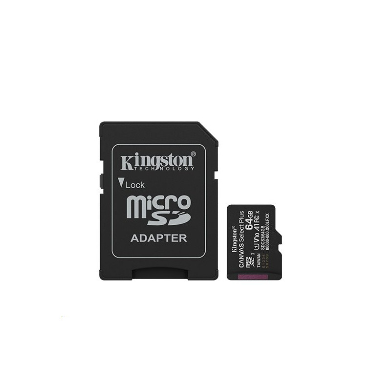 Kingston paměťová karta 64GB Canvas Select Plus Gen 3 microSDXC 150R A1 C10 Card + ADP