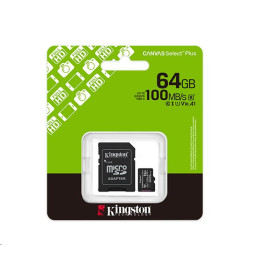 Kingston paměťová karta 64GB Canvas Select Plus Gen 3 microSDXC 150R A1 C10 Card + ADP