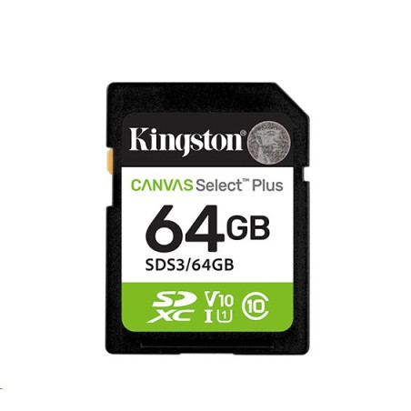 Kingston paměťová karta 64GB Canvas Select Plus Gen 3 SDXC 150R U1 UHS-I C10 V10