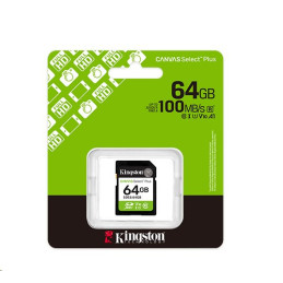 Kingston paměťová karta 64GB Canvas Select Plus Gen 3 SDXC 150R U1 UHS-I C10 V10