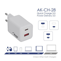 Akyga USB Nabíječka AK-CH-28 USB-A + USB-C PD 5-21V / max. 3A 45W Quick Charge 3.0 GaN