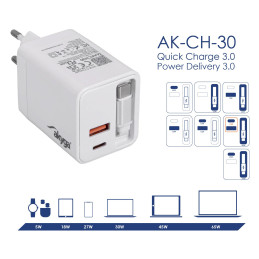 Akyga USB Nabíječka AK-CH-30 USB-A + 2x USB-C PD 5-20V / max. 3.25A 65W Quick Charge 3.0 GaN