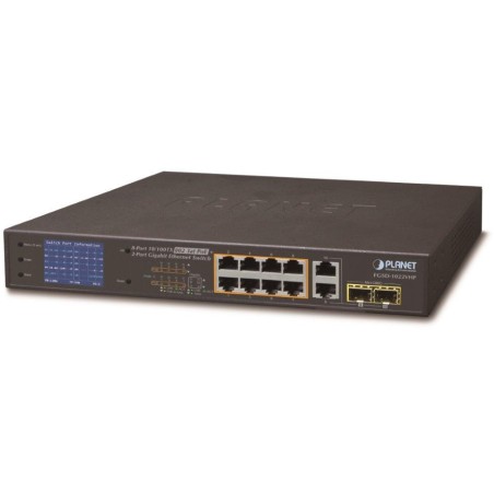 OPRAVENÉ - Planet FGSD-1022VHP PoE switch, 8x100, 2x1000-TP/SFP, LCD, VLAN, extend mód 10Mb do 250m, IEEE 802.3at120W