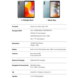 BLACKVIEW Tab LINK 2 WiFi 4/128GB 8.68" GLACIER BLUE,HD+ 1340x800(60Hz),Unisoc T310 Quad-core 2.0GHz,5+8MP Cam,Android 1