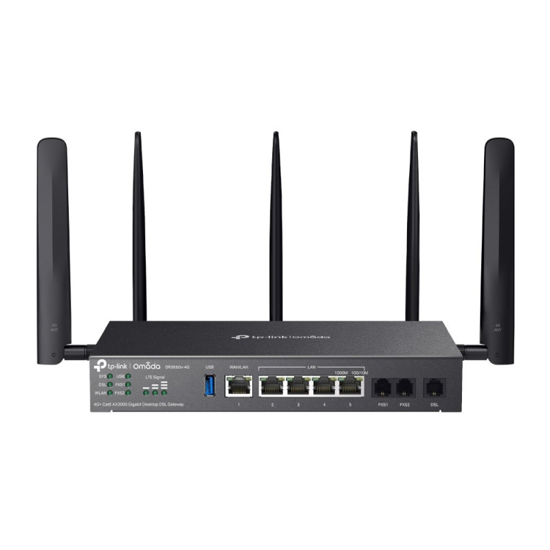 TP-link DR3650v-4G Omada 4G+ Cat6 AX3000 Gigabit DSL Wi-Fi Gateway 1G WAN/LAN, 4G LAN, 1x DSL, 2x FXS, 1x USB 3.0, 2x Na