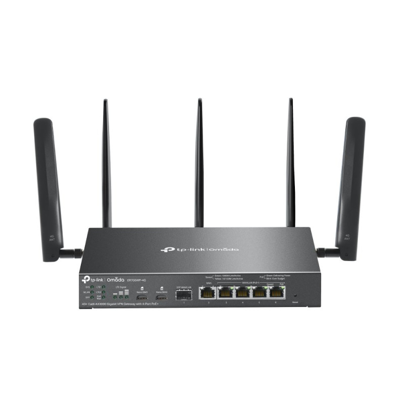 TP-link ER706WP-4G Omada 4G+ Cat6 AX3000 Gigabit Wi-Fi VPN Router 1SFP WAN/LAN, 1G WAN, 4G WAN/LAN (4x PoE+ 45W), 2x Nan