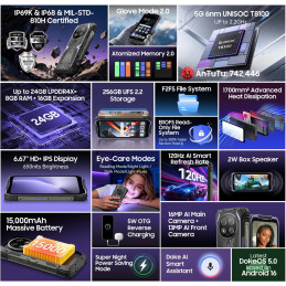 BLACKVIEW Rugged ROCK 2 5G 6.67" PURPLE,HD+ 1640x720,12+256GB,T8100 Octa-Core 2.2GHz,13MP/16MP,NFC,15000mAh,Android 16