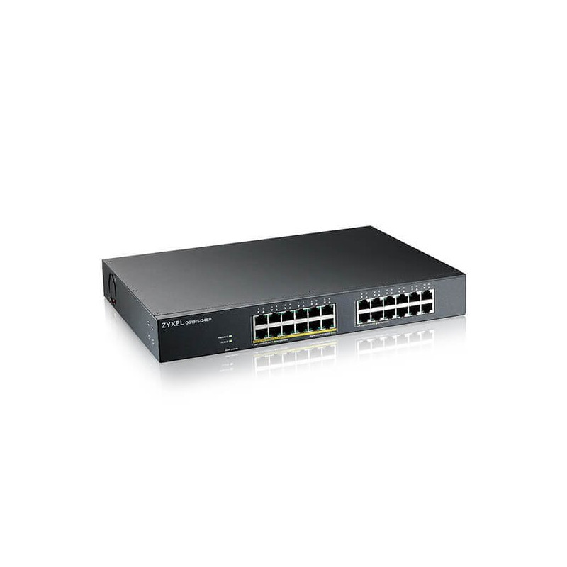 ZyXEL GS1915-24EP, 24-port GbE, 12 port PoE, 130 Watt 802.3at, rackmount, fanless, Smart hybrid mode Switch, stand