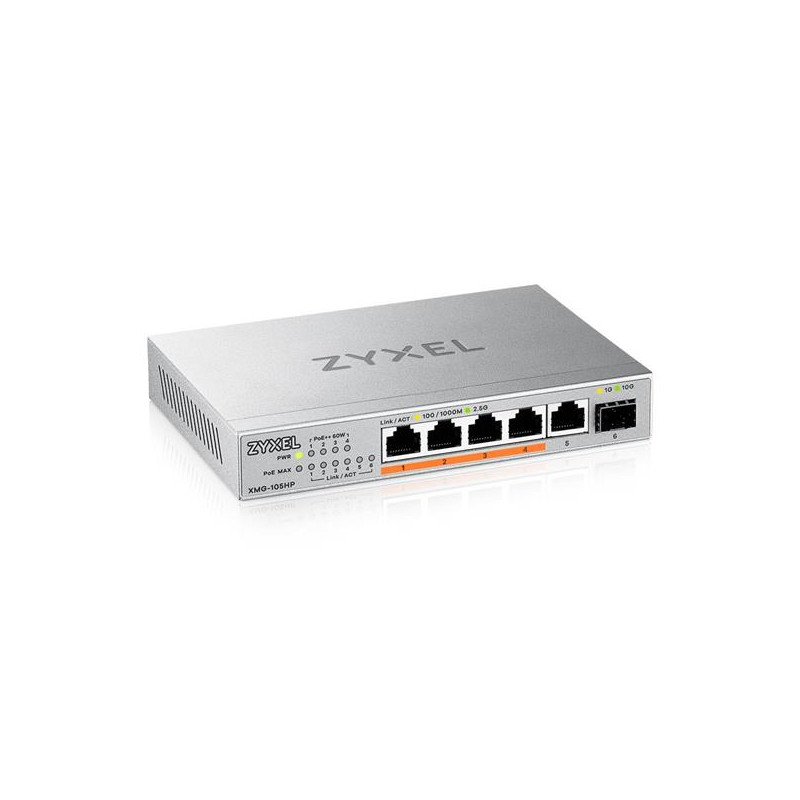 Zyxel XMG-105 5 Ports 2,5G + 1 SFP+, 4 ports 70W total PoE++ Desktop MultiGig unmanaged Switch