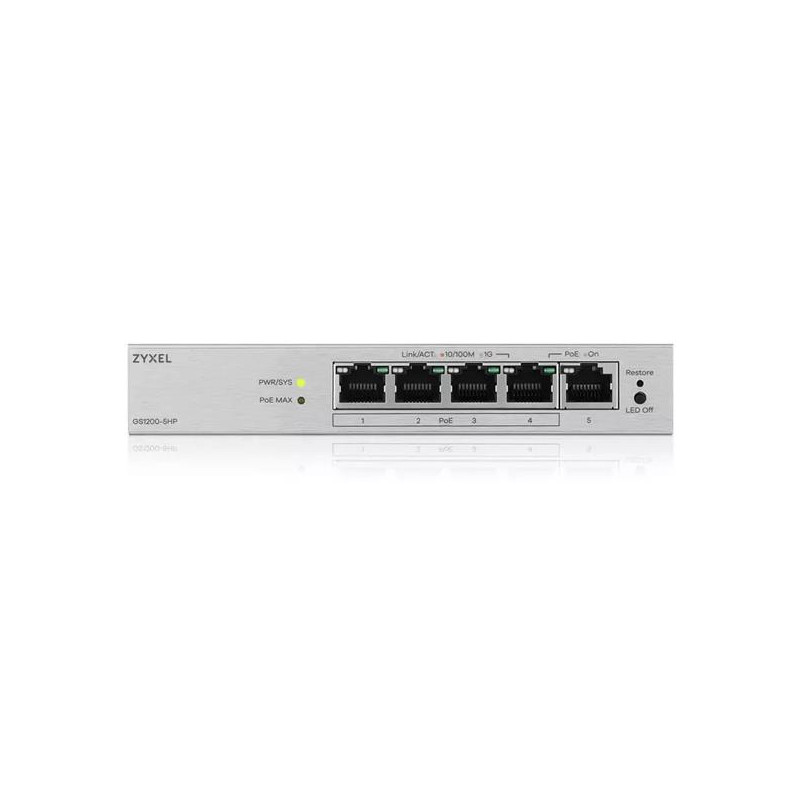 Zyxel GS1200-5HP v3, 5 Port Gigabit PoE+ webmanaged Desktop Switch, 4x PoE, 68 Watt