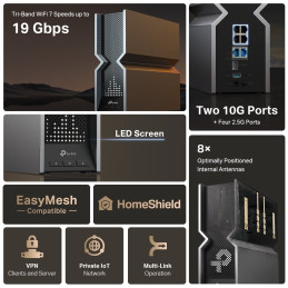 TP-link Archer BE800 Tri-Band  Wi-Fi 7 Router BE19000, 8 int., 1x10G, 4x2.5G, 1xSFP+, 1×USB-A 3.0