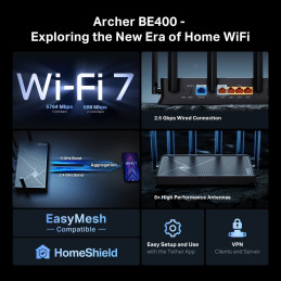 TP-link Archer BE400 Dual-Band Wi-Fi 7 Router BE6500, 6 int., 2x2.5G, 3x1G, 1×USB-A 3.0