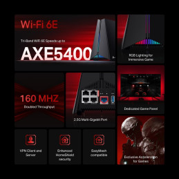 TP-link Archer GXE75 Tri-Band Wi-Fi 6E Gaming Router AXE5400, 4 int., 1x2.5G, 4x1G, 1×USB-A 3.0