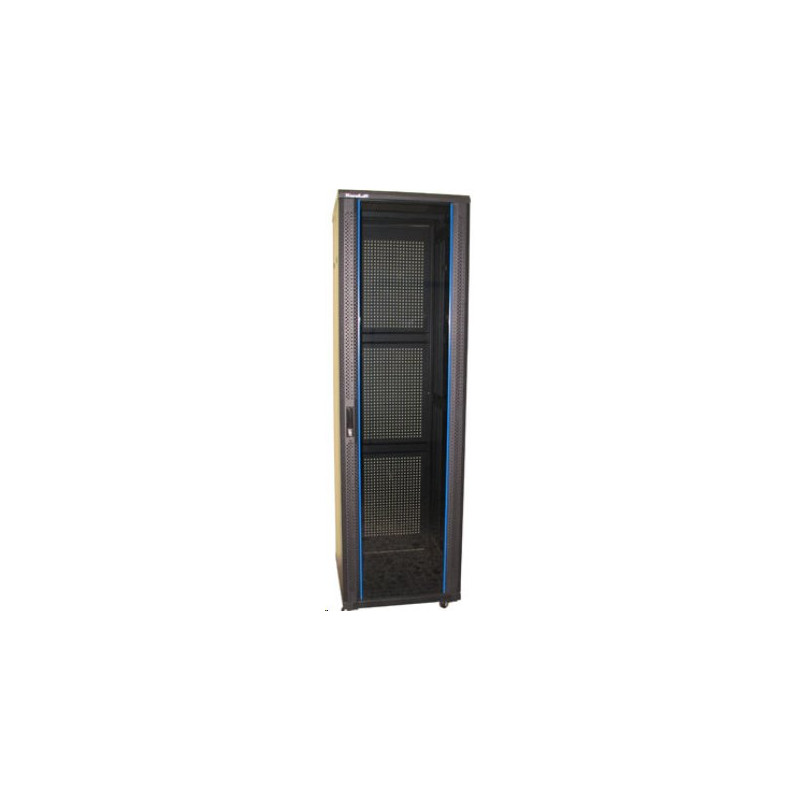 Rozvaděč 19" 42U 600x800 stojanový, rozebíratelný, perforované skleněné dveře, černý