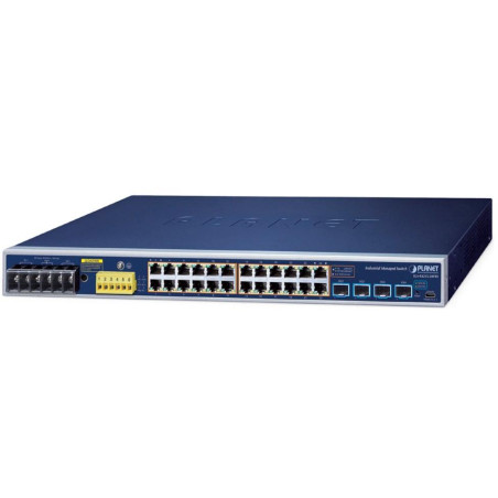 Planet IGS-R4215-24P4X průmyslový L2+ switch, 24x1Gb, 4x10Gb SFP+, PoE 802.3at 440W, 48-54VDC, -40~75°C, IP30, fanless