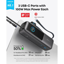 Anker Powerbanka/ 25000mAh/ 165W/ integrovaný USB-C a zasouvací kabel/ černá